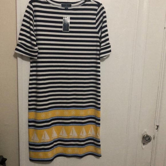 Dress Karen Scott navy white yellow Sailor Stripe brand new with tag - Picture 2 of 3